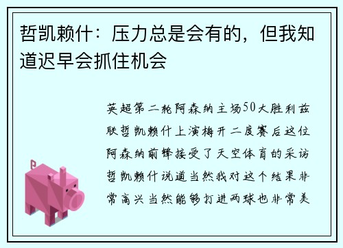 哲凯赖什：压力总是会有的，但我知道迟早会抓住机会