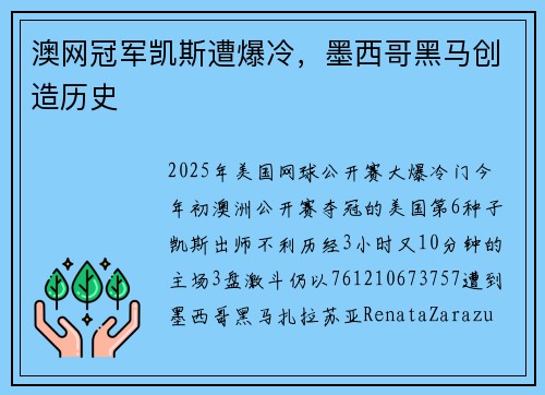 澳网冠军凯斯遭爆冷，墨西哥黑马创造历史